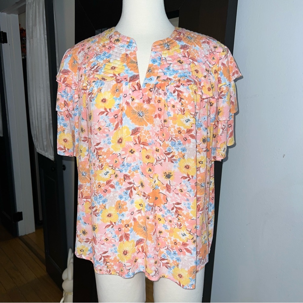 DEMOCRACY Multicolor Floral Blouse with Flowy Ruffled Sleeves - Size 2X - Picture 1 of 9